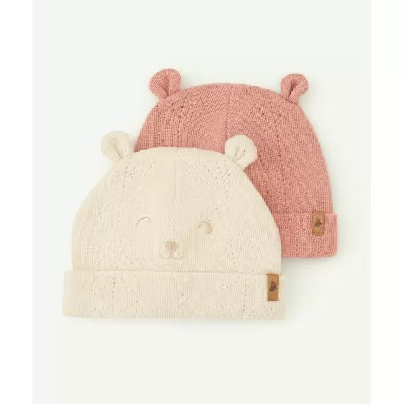 Lot de 2 bonnets bébé fille en maille ajourée rose et beige –  – Soldes