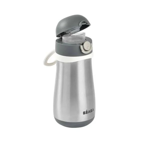 Gourde inox 350 ml BEABA pour enfants avec anse – pour apprendre à boire sans tétine ni paille – Gris minéral gris