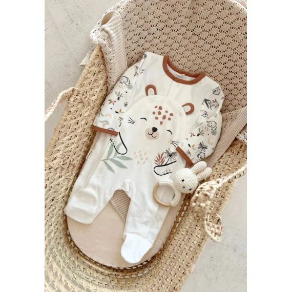 Pyjama Bébé En Velours Ouverture Pont Yao Ecru