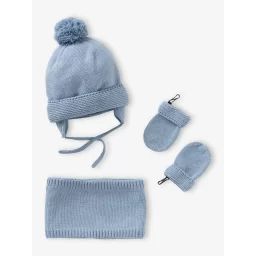 Ensemble bébé garçon bonnet +snood + moufles BASICS bleu grisé