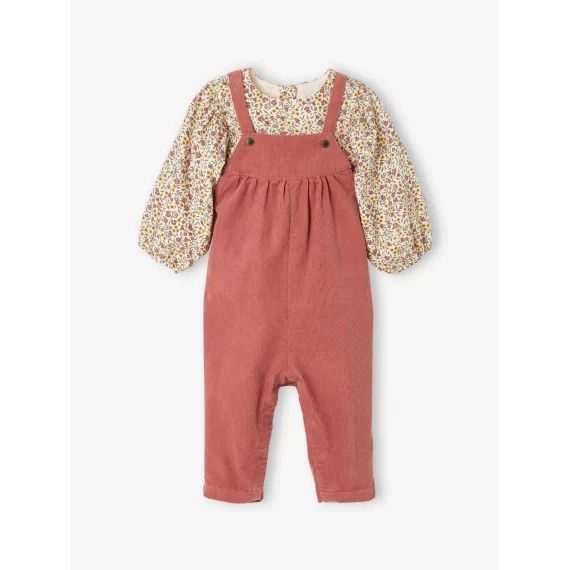 Ensemble blouse et salopette velours bébé fille vieux rose