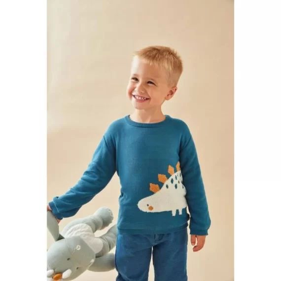 Pull en tricot motif dinosaure bleu