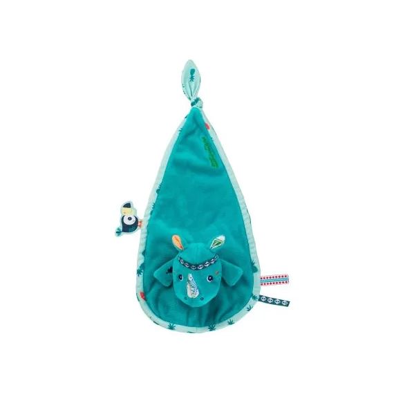 Doudou marionnette attache sucette Marius le rhinocéros