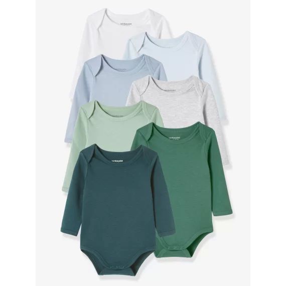 Lot de 7 bodies manches longues ouverture US bébé BASICS lot vert grisé
