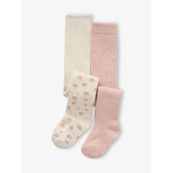 Lot de 2 paires de collants bébé fille à fleurs et en côtes écru