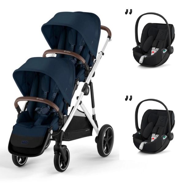 Poussette Double Cybex Gazelle S – Châssis Silver/ Assises Ocean Blue + Coque Auto Cloud T i-Fix – Sepia Black (2023)