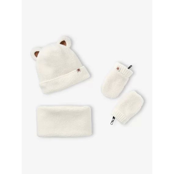 Ensemble Bear Mood bébé garçon bonnet + snood + moufles en sherpa écru