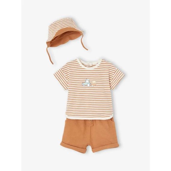 Ensemble 3 pièces naissance : tee-shirt, short et chapeau assorti cappuccino