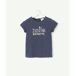 Le t-shirt marine en coton biologique avec message fleuri et pailletté –  – Soldes