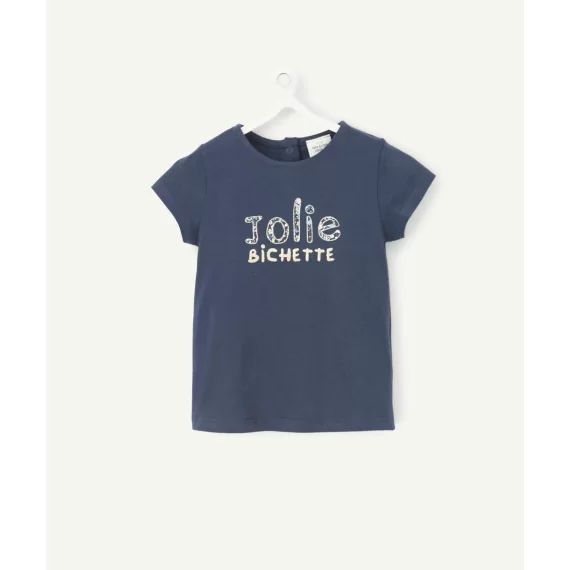 Le t-shirt marine en coton biologique avec message fleuri et pailletté –  – Soldes