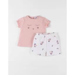 Ensemble T-shirt + Short Imprimé Fleuri Poudré/écru Rose