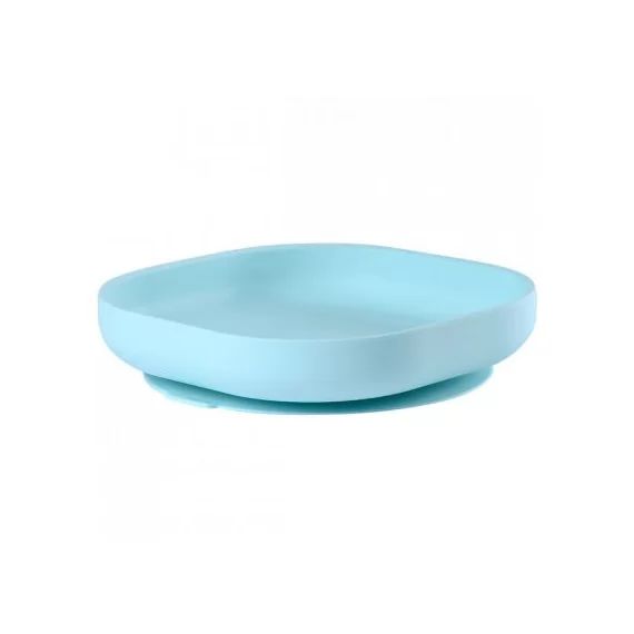 Assiette en silicone à rebords et ventouse bleue