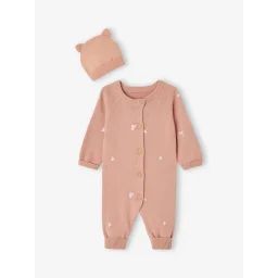 Ensemble bébé combinaison en tricot + bonnet à oreilles assorti rose