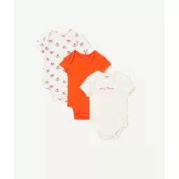 Lot de 3 bodies manches courtes en coton bio uni écru et imprimé à fleurs