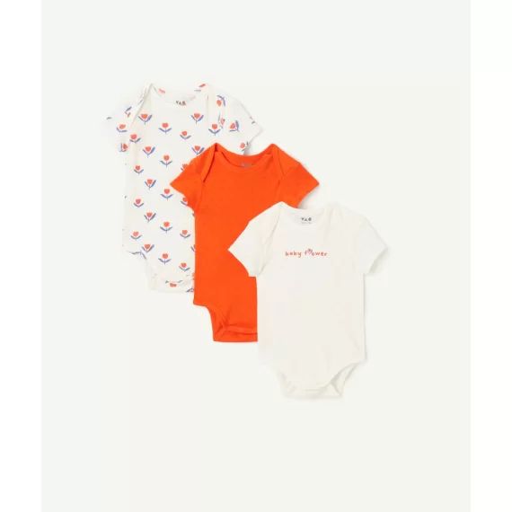 Lot de 3 bodies manches courtes en coton bio uni écru et imprimé à fleurs