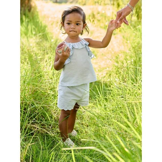 Ensemble bébé : blouse à bretelles + short brodé bleu glacier