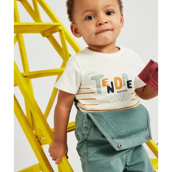 T-shirt bébé garçon en fibres recyclées rayé écru et camel –  – Soldes