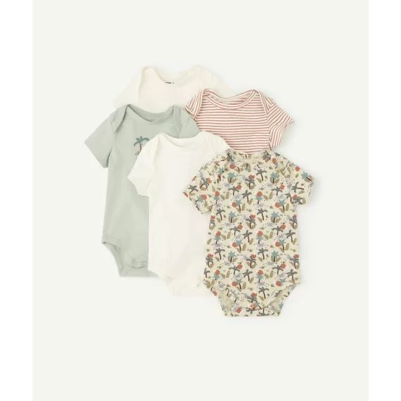 Lot de 5 bodies manches courtes en coton bio thème savane –  – Soldes