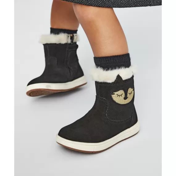 Boots en cuir noir avec imitation fourrure bébé –  – Soldes