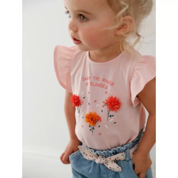 T-shirt avec fleurs en relief bébé rose grisé