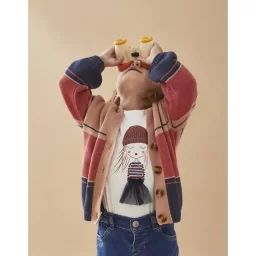 Cardiga tricolore en tricot manches ballon beige