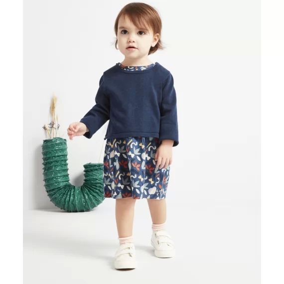 Robe bi-matière bébé fille bleu marine et imprimée –  – Soldes
