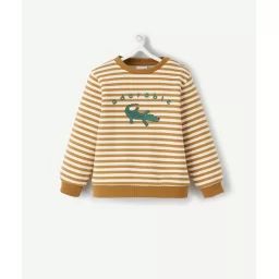 Sweat bébé garçon rayé ocre en fibres recyclées avec crocodile –  – Soldes