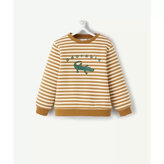 Sweat bébé garçon rayé ocre en fibres recyclées avec crocodile –  – Soldes