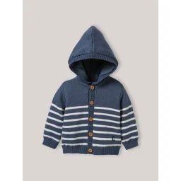 Cardigan À Capuche En Coton Biologique Rayure Bleu/ Ecru