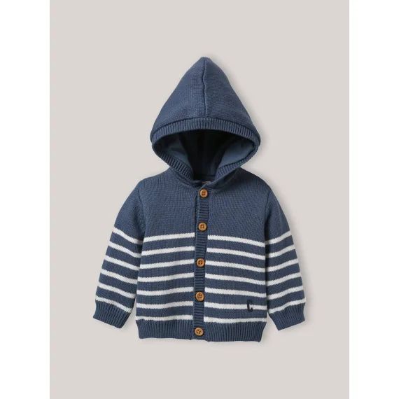 Cardigan À Capuche En Coton Biologique Rayure Bleu/ Ecru