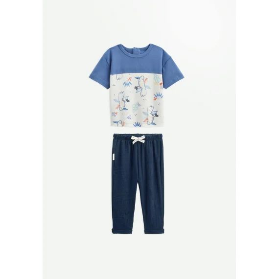 Ensemble Enfant T-shirt Et Pantalon En Gaze De Coton Mexico Bleu