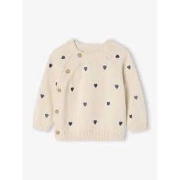 Pull naissance avec petits cœurs brodés écru