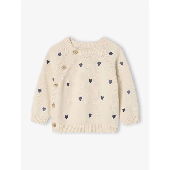 Pull naissance avec petits cœurs brodés écru