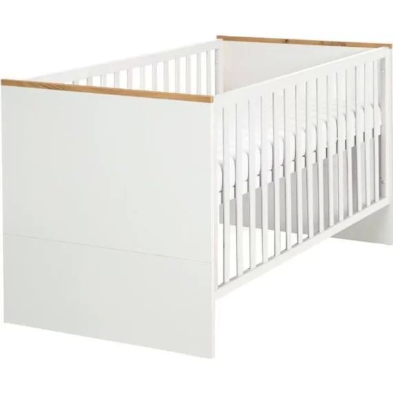 ROBA Lit Bébé Évolutif Finn – 70×140 cm – Réglable en Hauteur – Convertible en Lit Junior – Blanc / Décor (Chêne doré) blanc