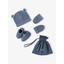 Ensemble bonnet, moufles et chaussons bébé naissance et son sac assorti bleu jean