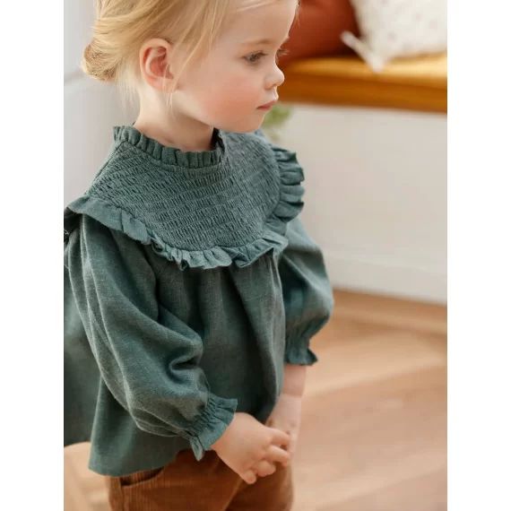 Blouse à smocks bébé et son bandeau assorti vert grisé