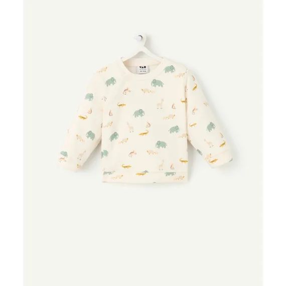 Sweat pressionnée bébé en fibres recyclées écru imprimé animaux