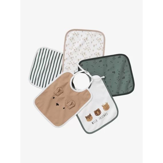 Lot de 5 bavoirs bébé vertbaudet décor animaux green forest