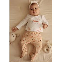 Ensemble Bébé Gilet Et Pantalon En Coton Nid D&rsquo;abeille Miss Plume Ecru