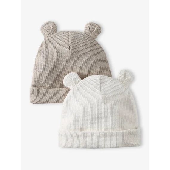 Lot de 2 bonnets naissance à oreilles d&rsquo;ours écru + beige