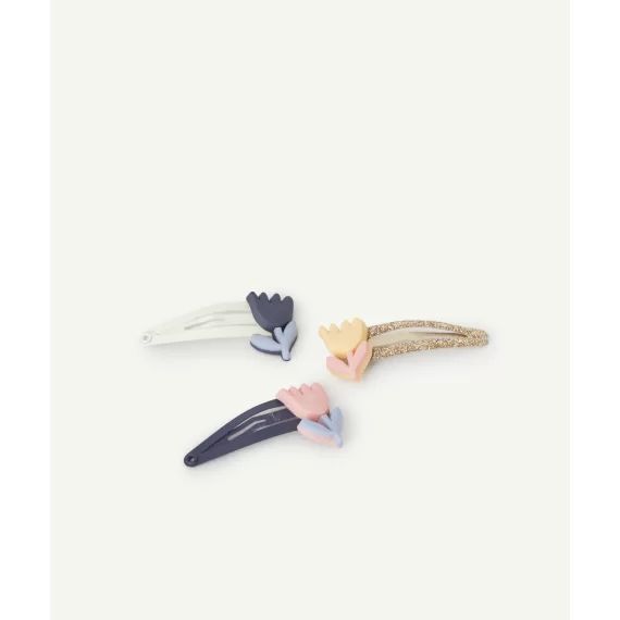 Barrettes bébé fille bleu et pailleté avec patchs fleurs colorés