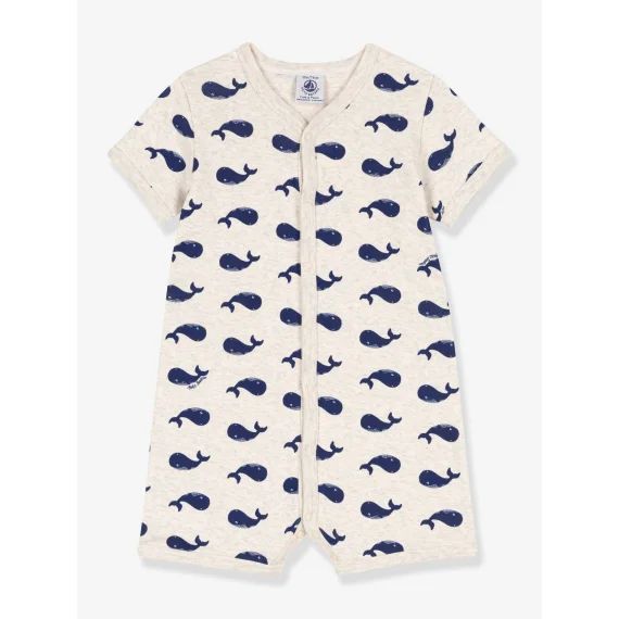 Combinaison courte baleines marines en coton bébé PETIT BATEAU beige chiné