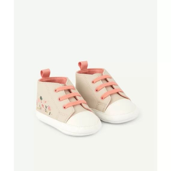 Chaussons type basket bébé fille gris clair et rose avec fleurs –  – Soldes