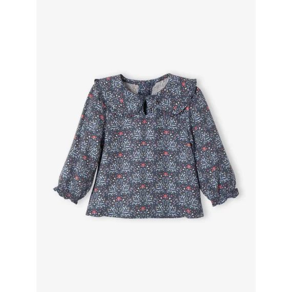 Blouse fleurie bébé col claudine bleu ardoise