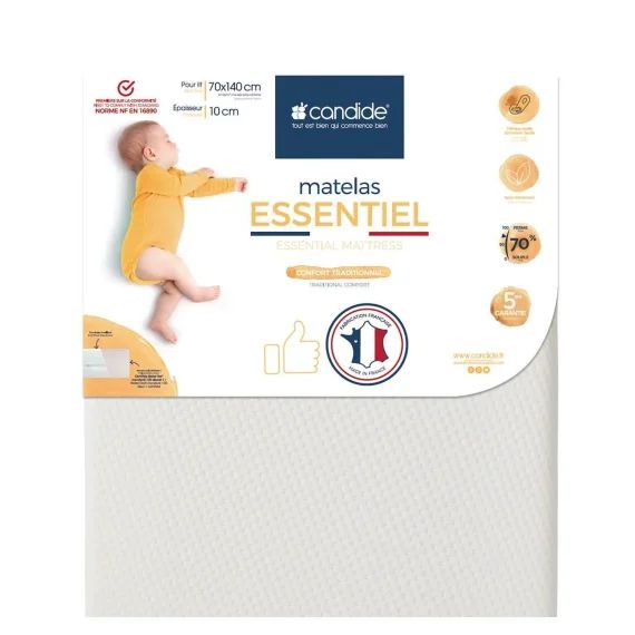 Matelas Bébé 70x140x10cm Essentiel – Sans Traitement – Déhoussable – Confort Traditionnel – Fabriqué En France – Garantie 5 Ans blanc