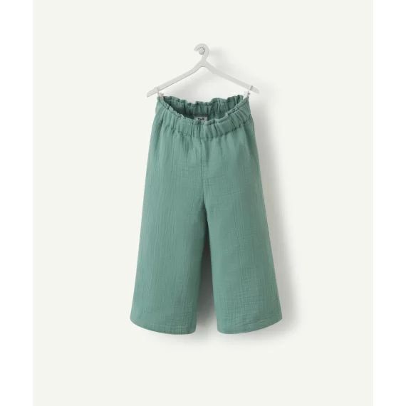 Pantalon fluide évolutif fille vert en gaze de coton –  – Soldes