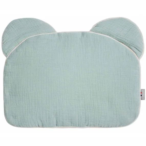 Oreiller Bébé Plat Ourson En Gaze De Coton Jeanne Vert De Gris