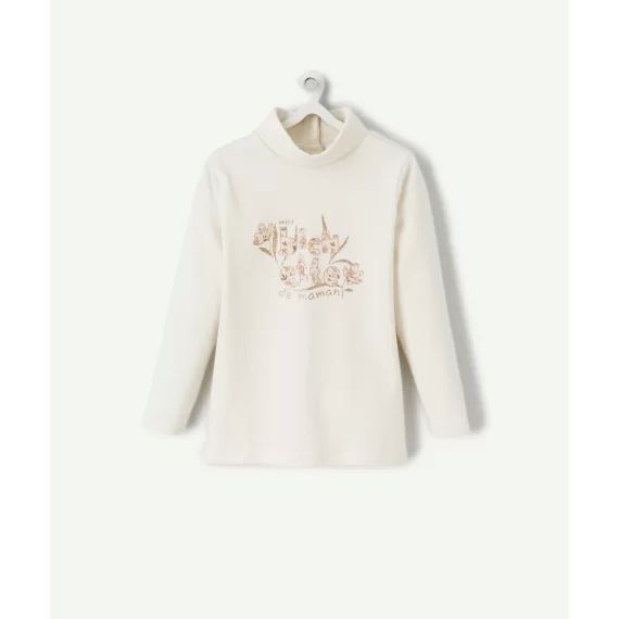 Sous-pull bébé fille col roulé en coton bio écru et message pailleté