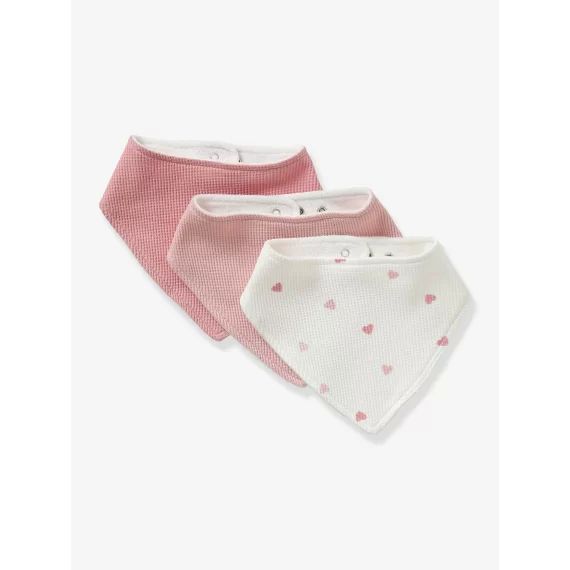 Lot de 3 bavoirs bandanas en nid d&rsquo;abeille imprimé coeurs