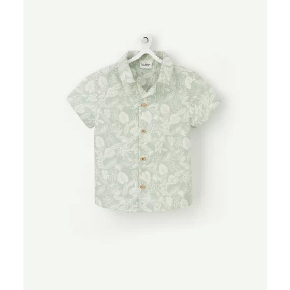 Chemise bébé garçon en coton vert d&rsquo;eau imprimée avec feuilles –  – Soldes